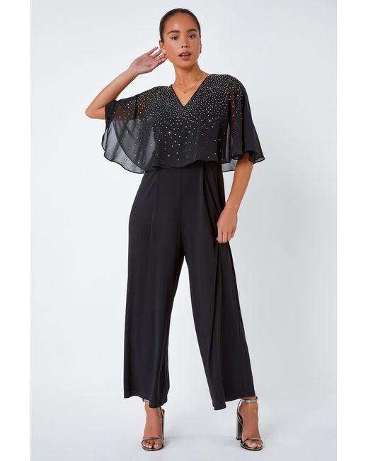 Roman Petite Black Embellished Overlay Stretch Jumpsuit