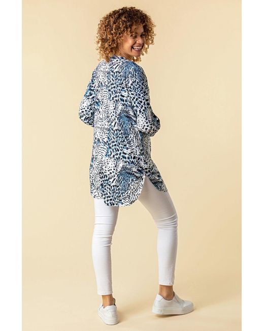Roman Blue Animal Print 3/4 Sleeve Longline Tunic Top