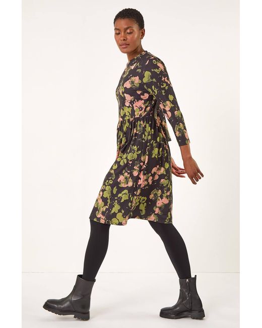 Roman Natural Floral Print Ribbed Gathered Waist Stretch Dress