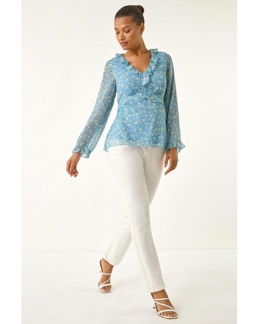 Roman Blue Ditsy Floral Print Frilled Top