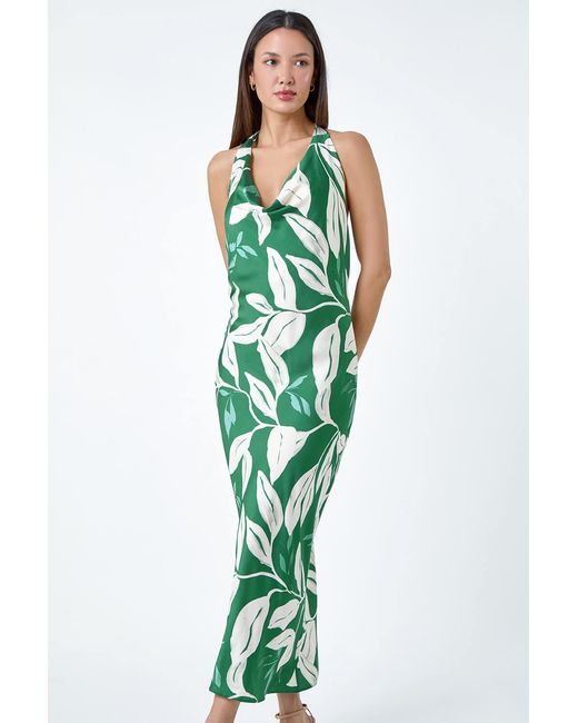 Roman Green Floral Print Satin Bias Cut Bodycon Dress