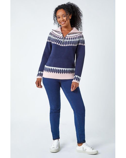 Roman Petite Blue Fairisle Zip Detail Jumper
