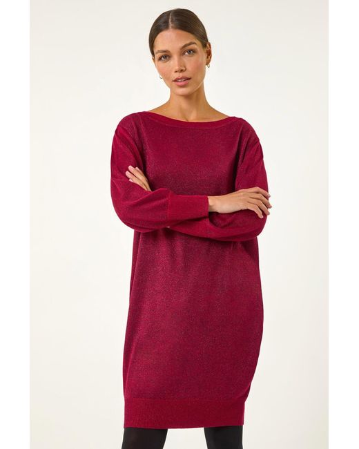 Roman Red Metallic Slash Neck Sweater Dress