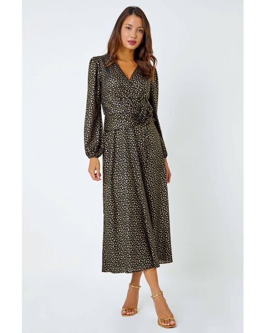 Roman Black Metallic Star Print Corsage Midi Wrap Dress