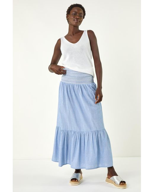 Roman Blue Shirred Tiered A-Line Skirt