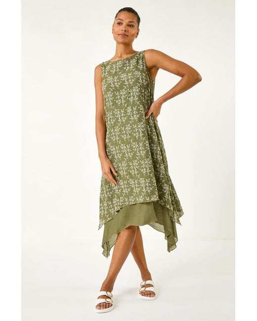 Roman Green Floral Print Double Layer Shift Dress