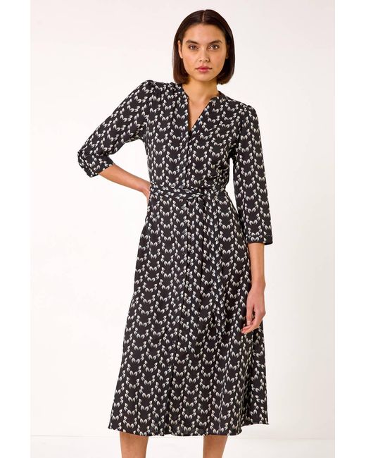 Roman Black Leaf Print Midi Shirt Dress