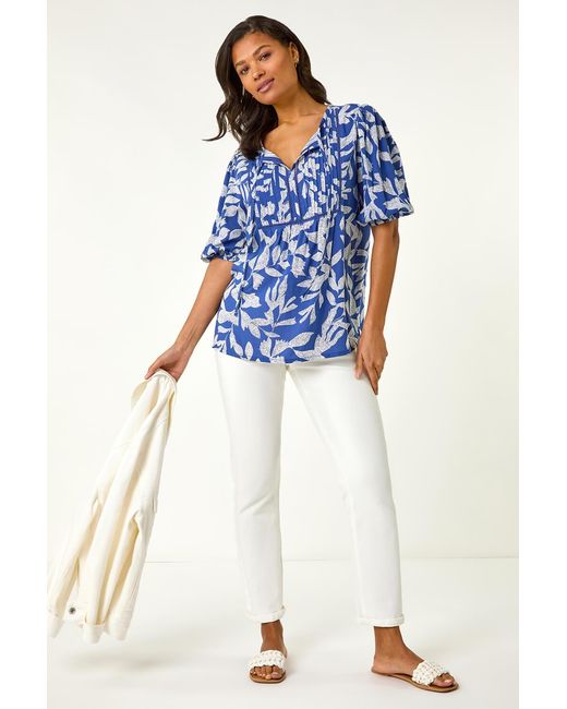 Roman Blue Leaf Print Tie Neck Pleated Top