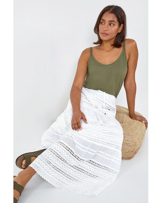Roman White Lace Detail Cotton A Line Maxi Skirt