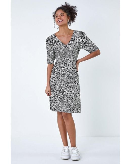 D.u.s.k Gray Ditsy Floral Ruched Puff Sleeve Dress
