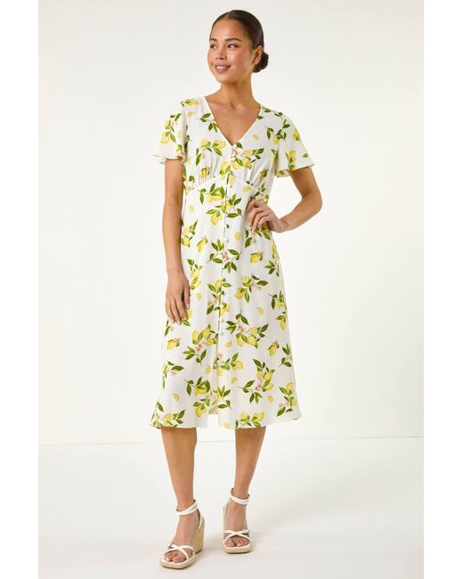 Roman Petite White Lemon Print Button Tea Dress