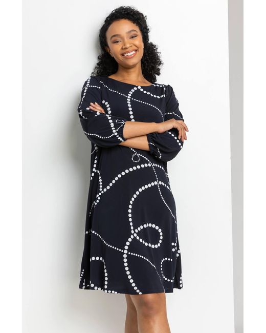 Roman Petite Blue Linear Spot Print Shift Dress