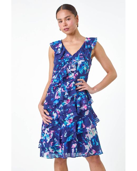Roman Petite Blue Abstract Print Ruffle Shift Dress