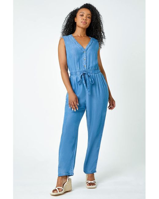 Roman Petite Blue Stretch Denim Pocket Jumpsuit