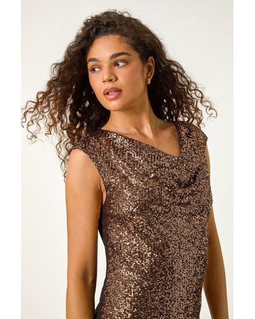 Roman Brown Sequin Cowl Neck Jersey Top