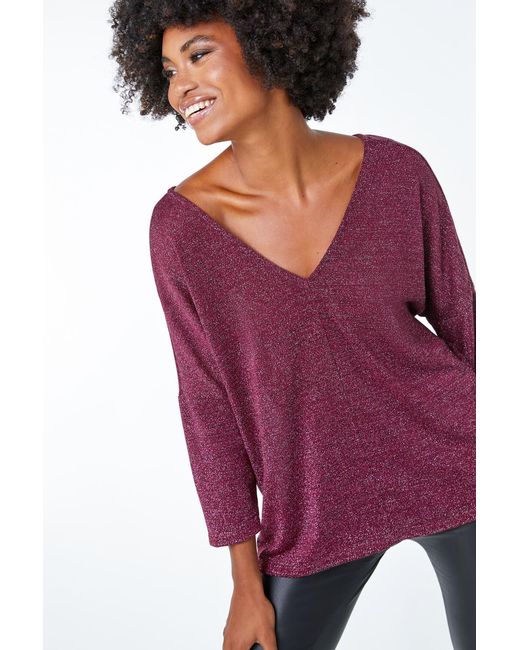 Roman Purple Sparkle Knit V-Neck Tunic Jumper