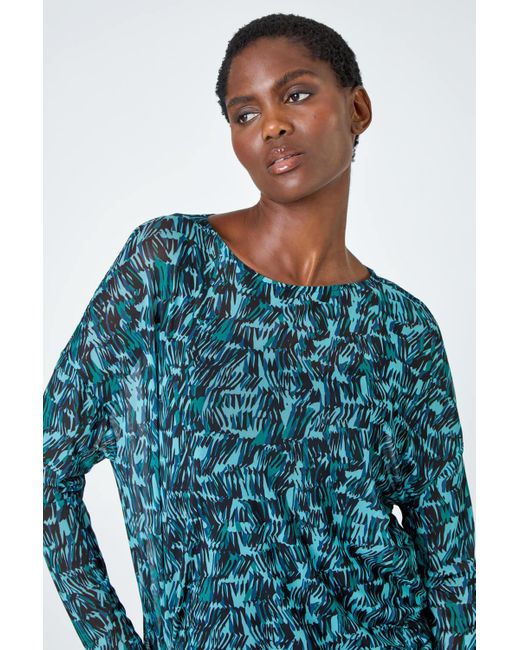 Roman Blue Abstract Print Mesh Overlay Stretch Top