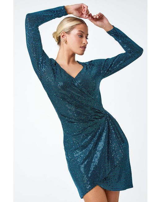 Roman Blue Dusk Fashion Sparkle Embellished Ruched Wrap Dress