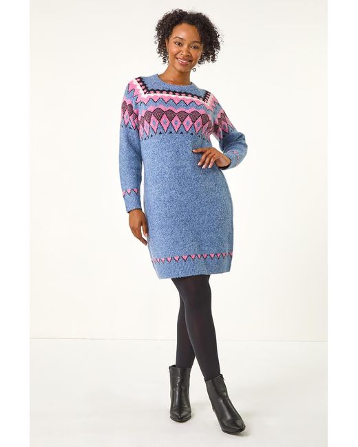 Roman Petite Blue Nordic Pattern Knit Jumper Dress