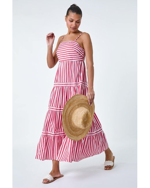 Roman Sleeveless Stripe Tiered Cotton Maxi Dress