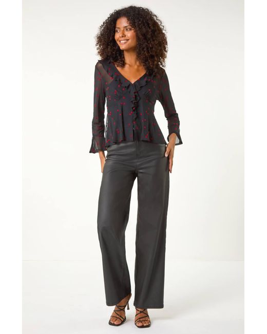 D.u.s.k Black Flocked Heart Ruffle Front Top