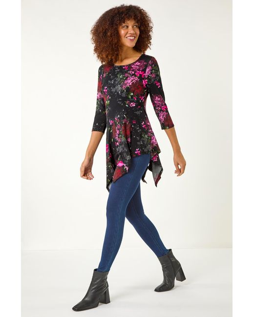 Roman Blue Floral Print Hanky Hem Stretch Top
