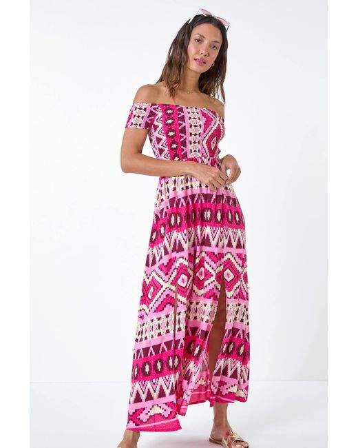 Roman Aztec Shirred Bardot Maxi Dress