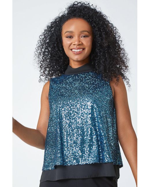 Roman Petite Blue Sequin Roll Neck Top