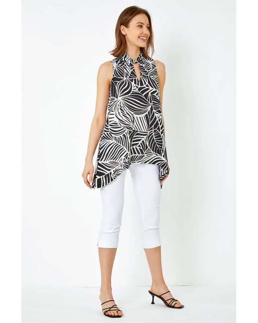 Roman Black Metallic Leaf Print Stretch Top