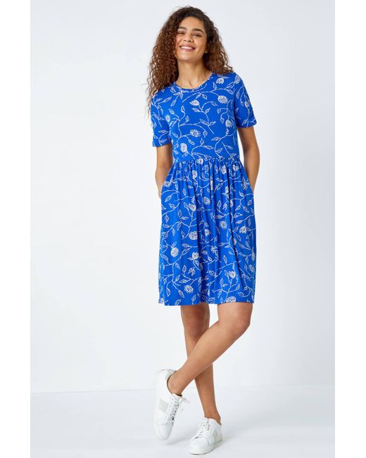 Roman Blue Floral Pocket Stretch T-shirt Dress