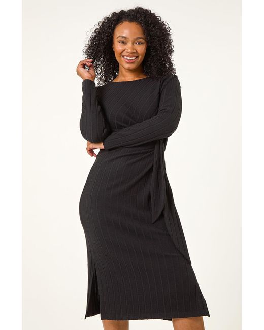 Roman Petite Black Brushed Tie Waist Stretch Midi Dress