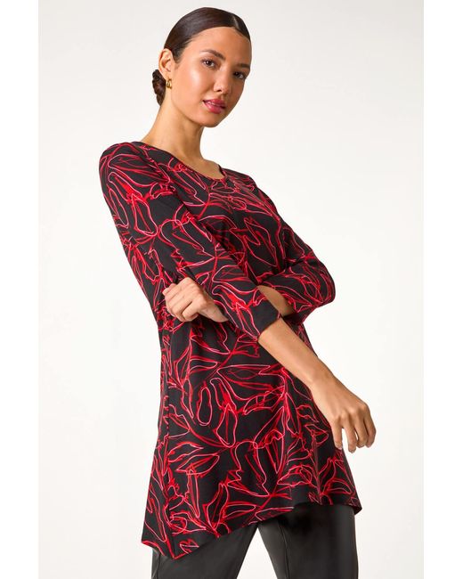 Roman Red Leaf Print Stretch Tunic Top
