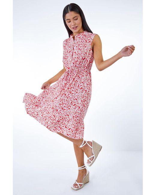 Roman Petite Red Ditsy Floral Print Frill Hem Dress