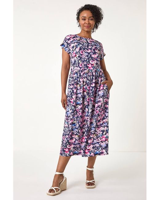 Roman Petite Floral Print Gathered Midi Dress