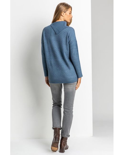 Roman Blue Textured Cowl Neck Button Jumper