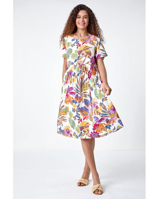 Roman White Floral Print Cotton Midi Dress