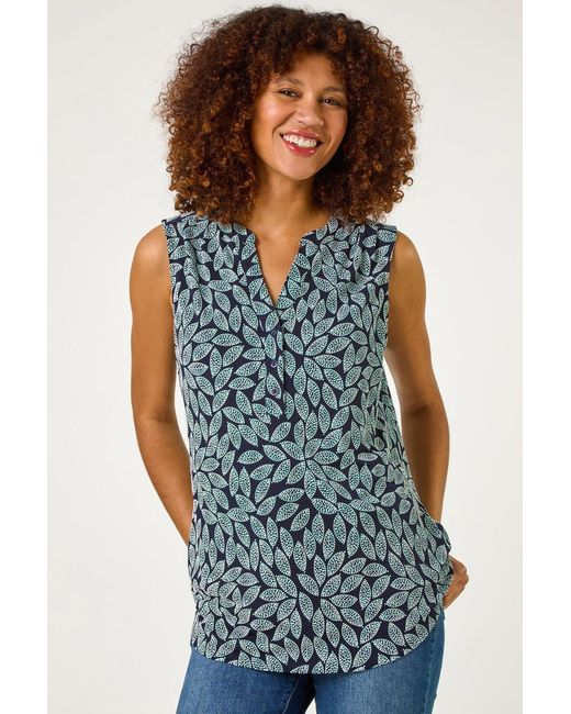 Roman Blue Textured Leaf Print Stretch Top