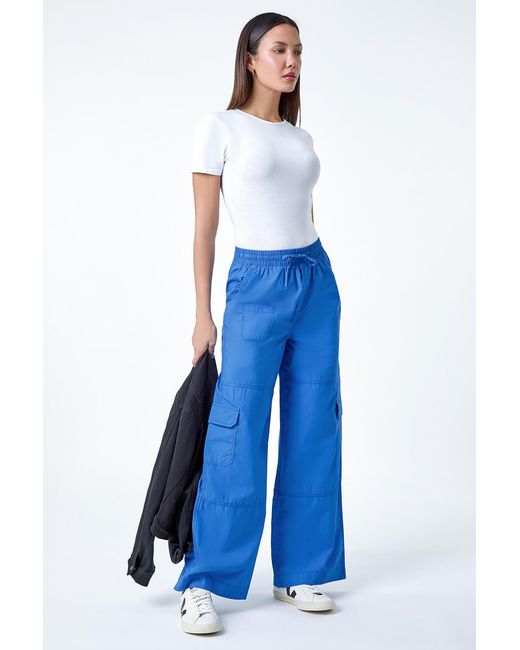 Roman Blue Cotton Elastic Waist Wide Leg Cargo Trousers
