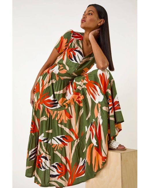 Roman Leaf Print Tiered Maxi Dress