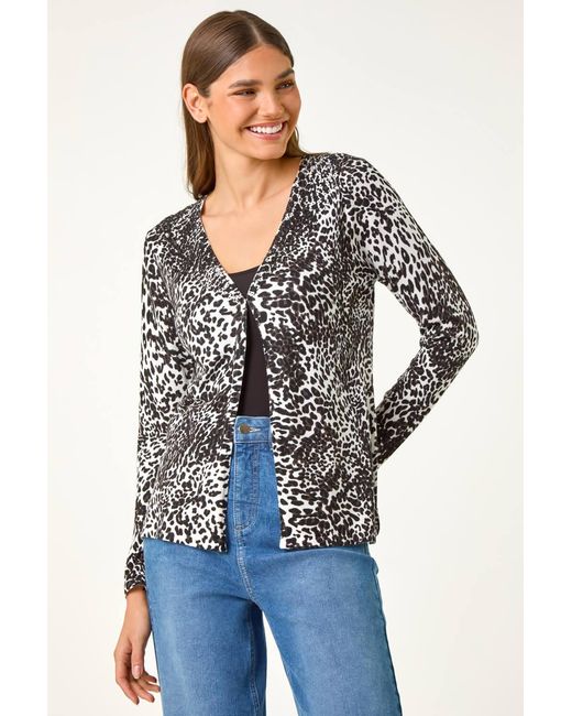 Roman Blue Embellished Animal Print V-Neck Cardigan