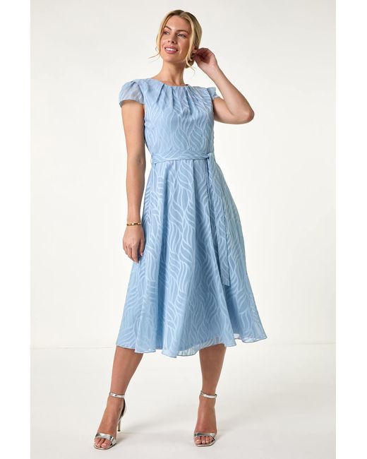 Roman Petite Blue Jacquard Gathered Neck Dress