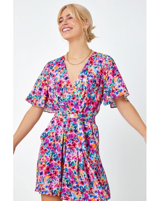 D.u.s.k Pink Floral Print Wrap Tie Playsuit