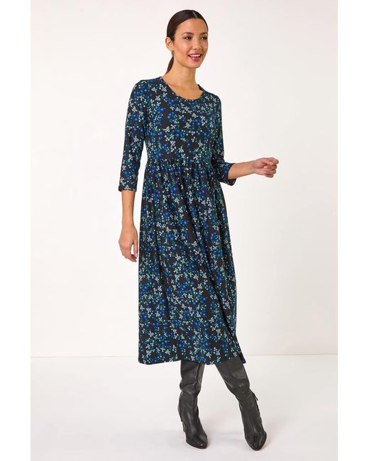 Roman Blue Gathered Waist Floral Midi Dress