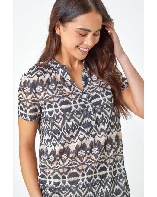 Roman Petite White Aztec Print Button Detail V-Neck Top