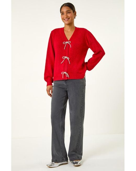 Roman Red Bow Embellished Knit Cardigan
