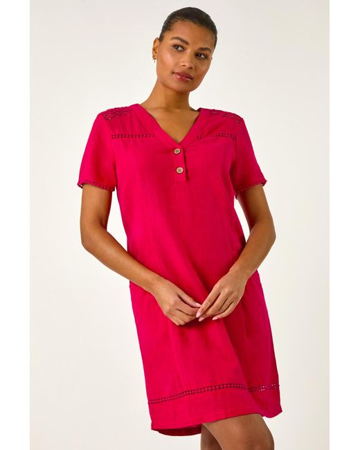 Roman Red Linen Mix Button Shift Dress