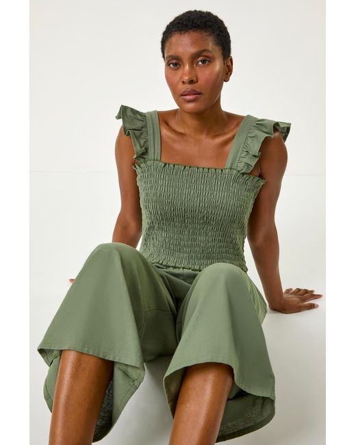 Roman Green Cotton Linen Blend Frill Jumpsuit