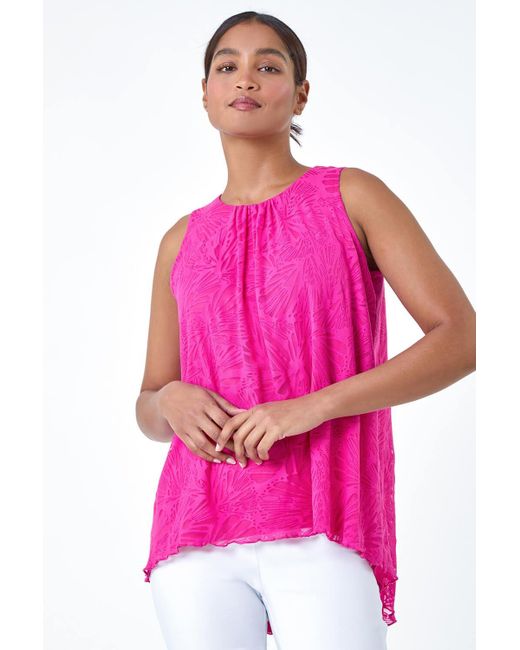 Roman Pink Sleeveless Textured Burnout Print Top