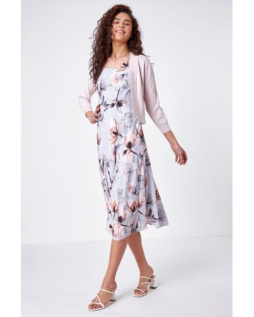 Roman Gray Floral Bias Cut Fluted Hem Godet Midi Dress