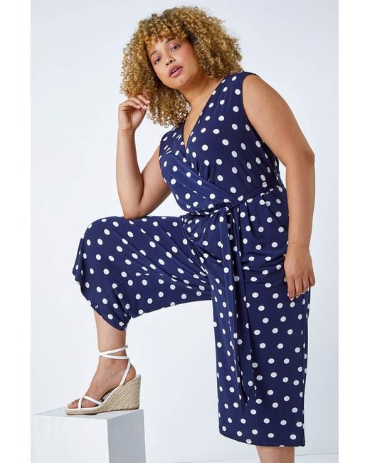Roman Curve Blue Spot Print Wrap Jumpsuit